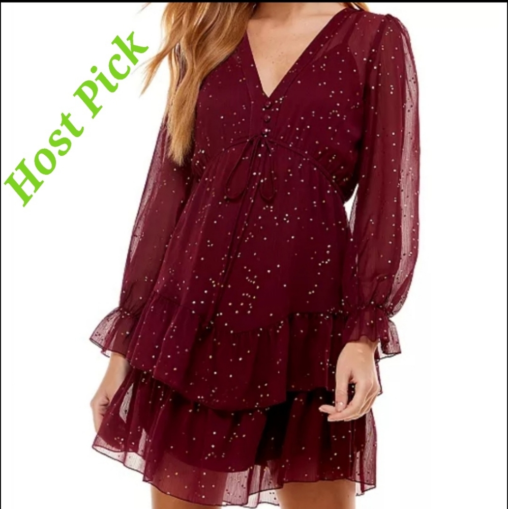 Burgundy tiered gold speckled dress - Picture 1 of 9